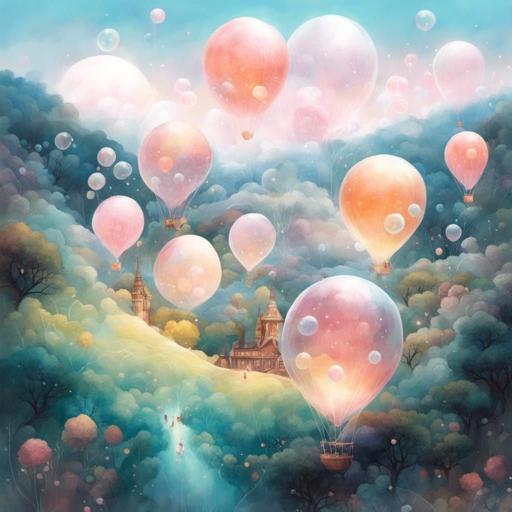 Whimsical Fantasy World in Bubble, Pastel Art Style