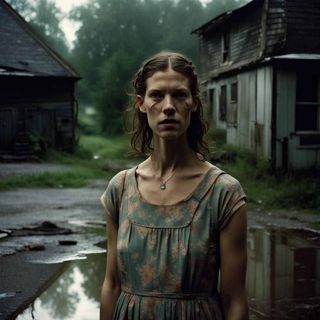 Creepy Smiling Woman in Wasteland: Photorealistic Art