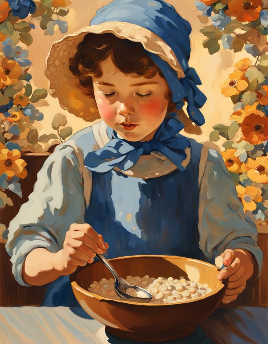Girl Eating Oatmeal in Jessie Wilcox Smith Style