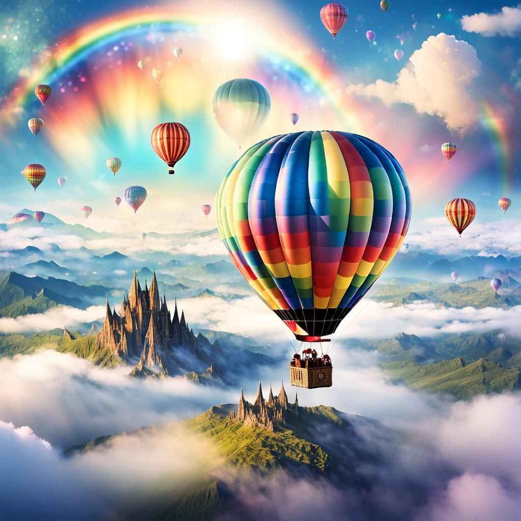Fantasy Hot Air Balloon in Rainbow Sky