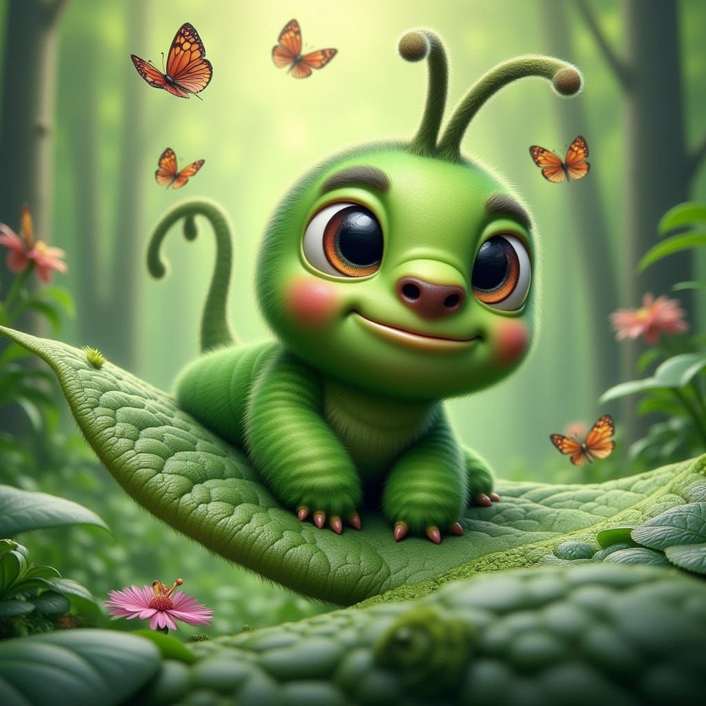Cartoon Caterpillar's Joyful Dance with Butterflies
