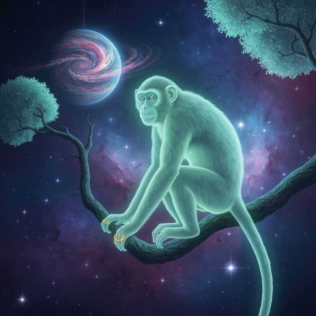 Spectral Monkey with Ring on Ethereal Tree, Cosmic Scene