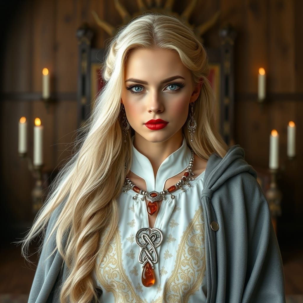 Regal Goddess in Viking Attire Adorns a Wooden Throne