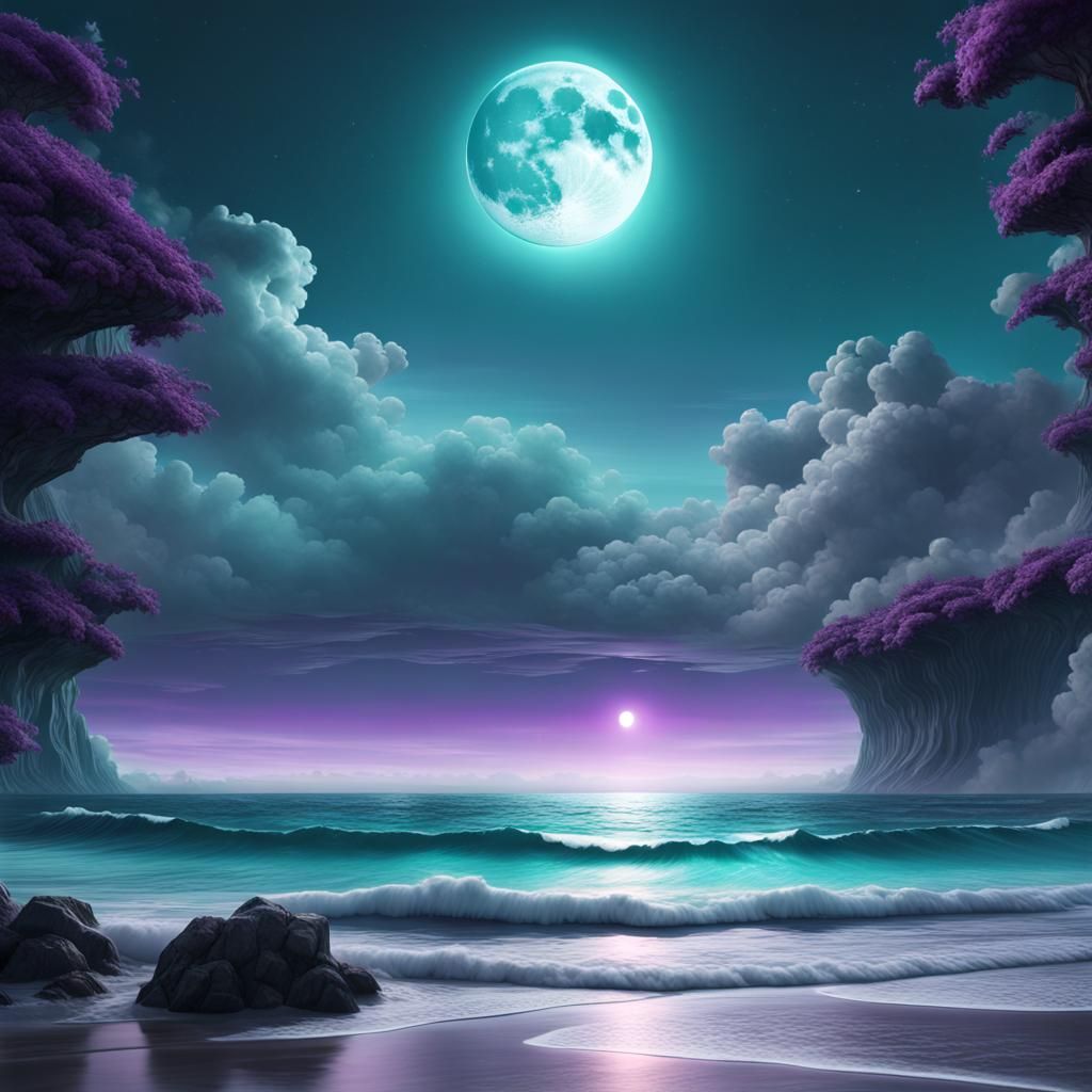 Mystical Ocean at Night with Teal Moon