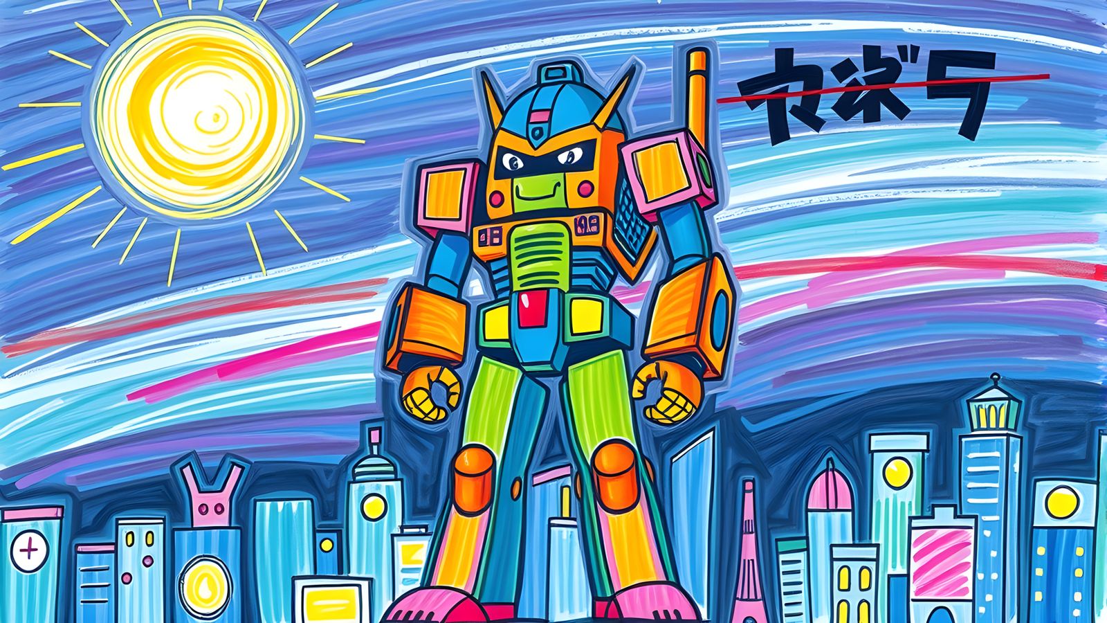 Neon Robot Over Cyberpunk City: Crayon Doodle