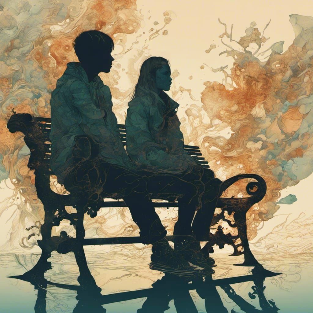 Friends Silhouettes on Bench in Cel-Shaded Splash Art