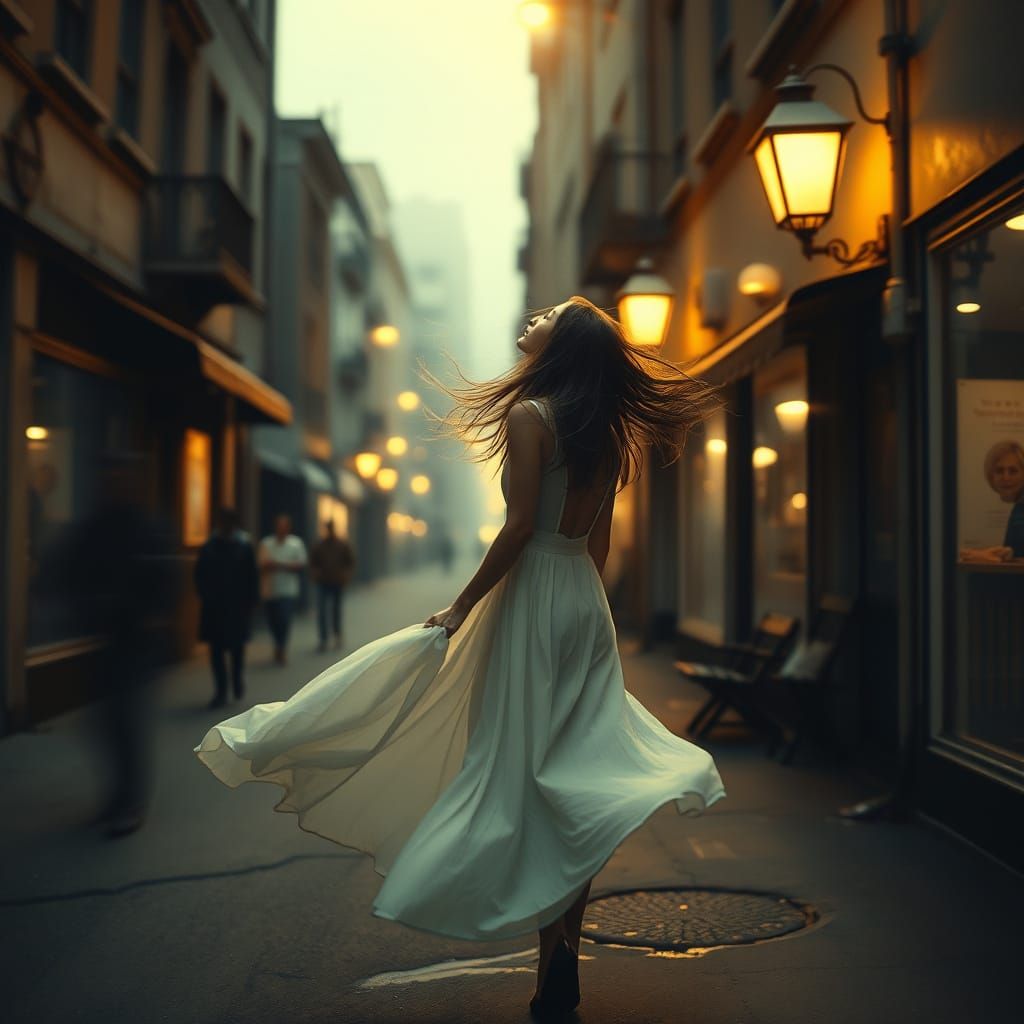 Serenely Standing Figure in Dreamy Urban Landscape