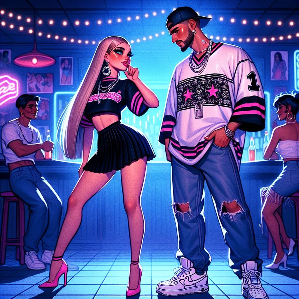 Neon Lit Dance Scene in Mexican Bar