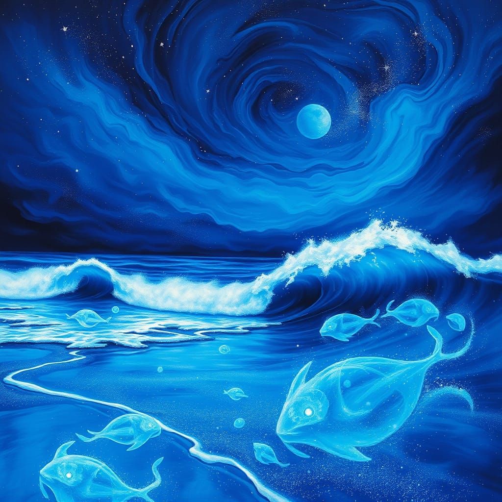 Surreal Ocean Dreamscape with Bioluminescent Creatures