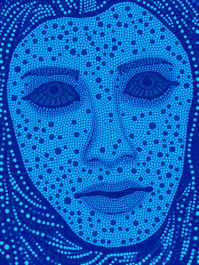 Pointillism style Blue Monochrome dot pixel art of a face