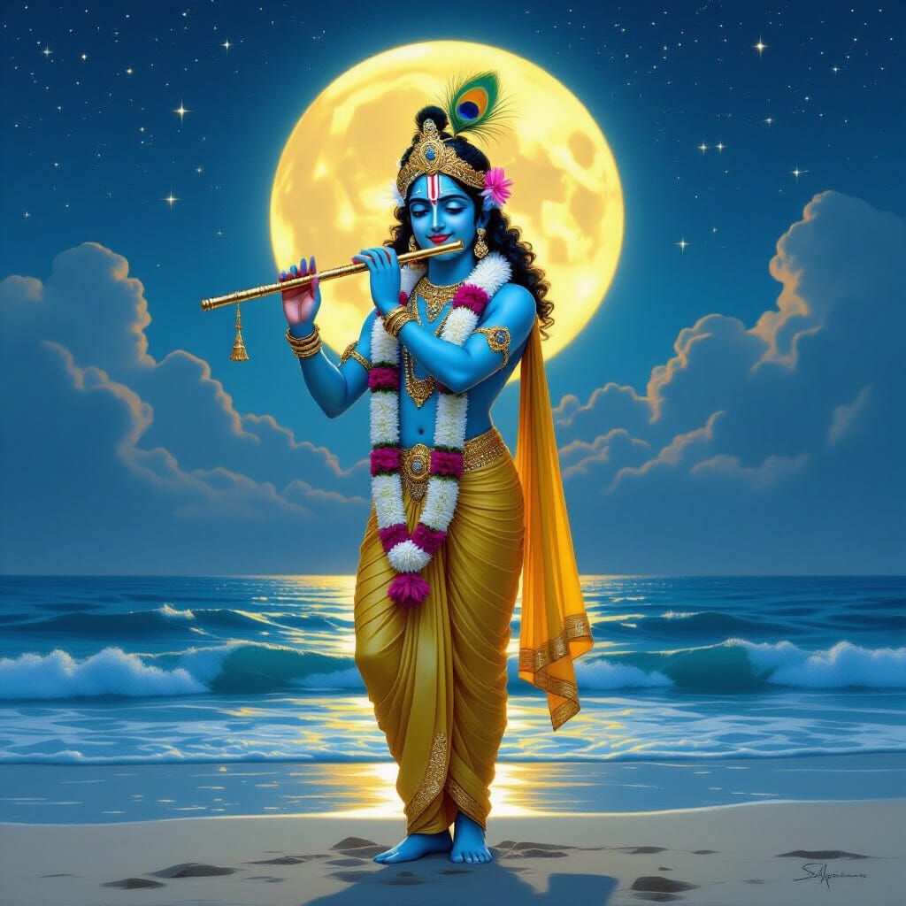 Lord Krishna Plays Flute on Moonlit Shore