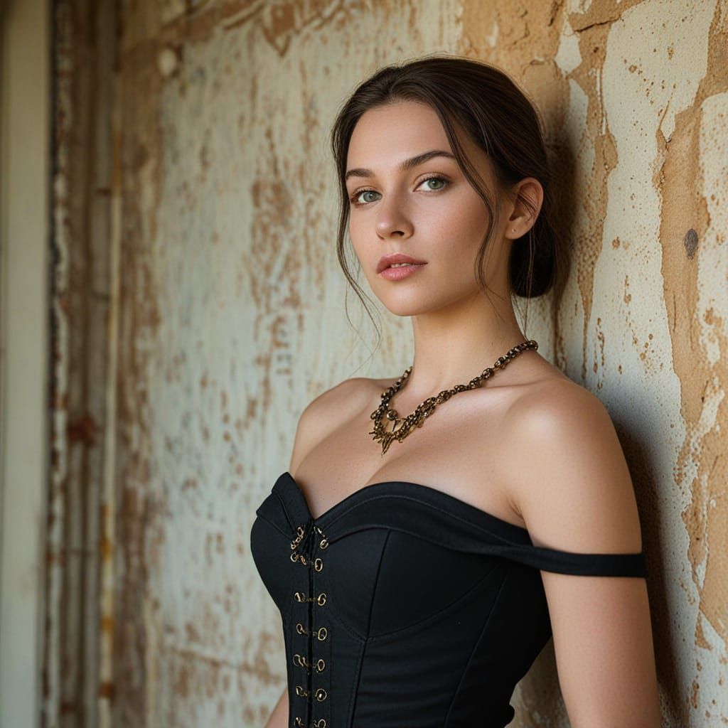 Elegant Woman in Corset Posed by Textured Wall