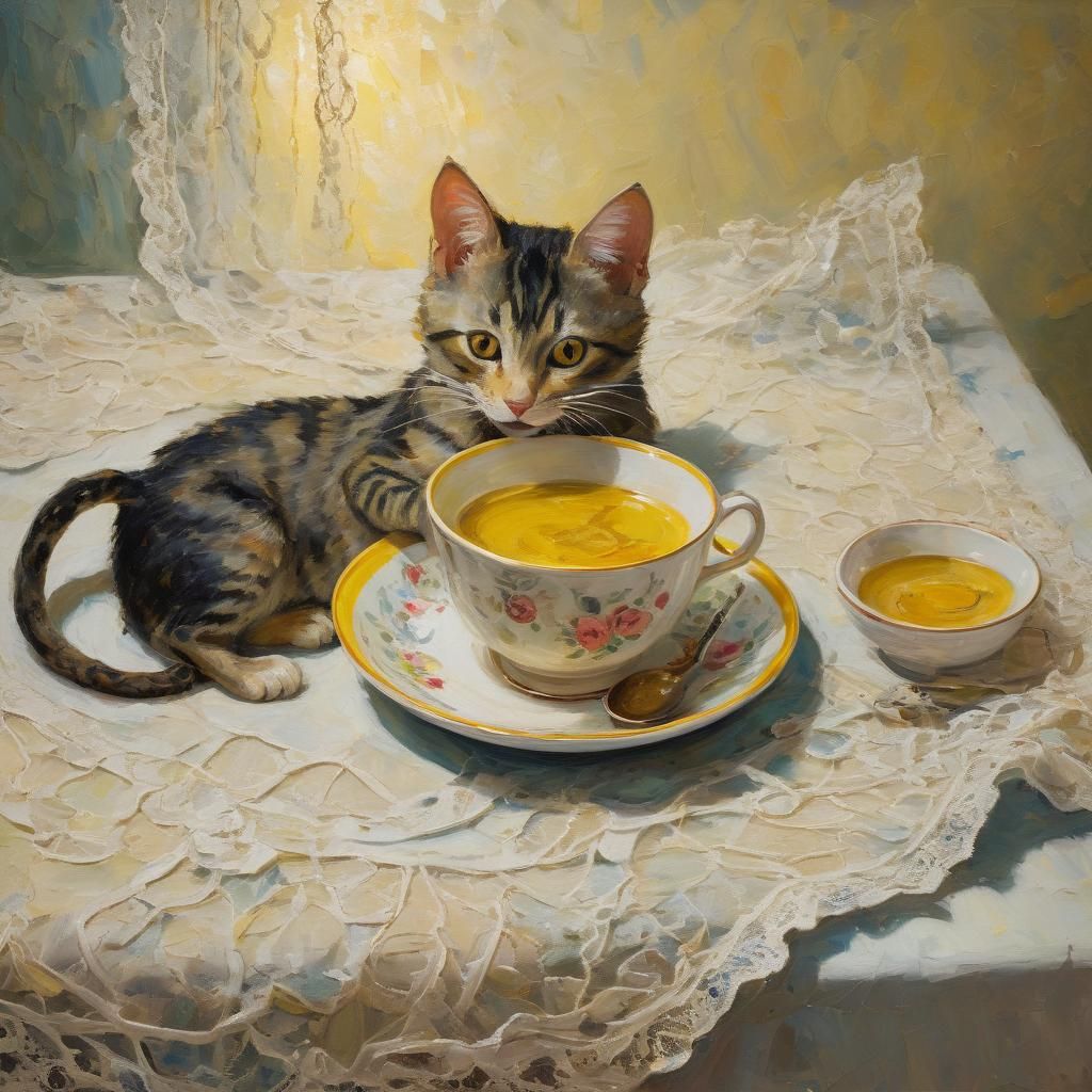 Playful Cat and Mouse in Teacup: Naive Folk Art