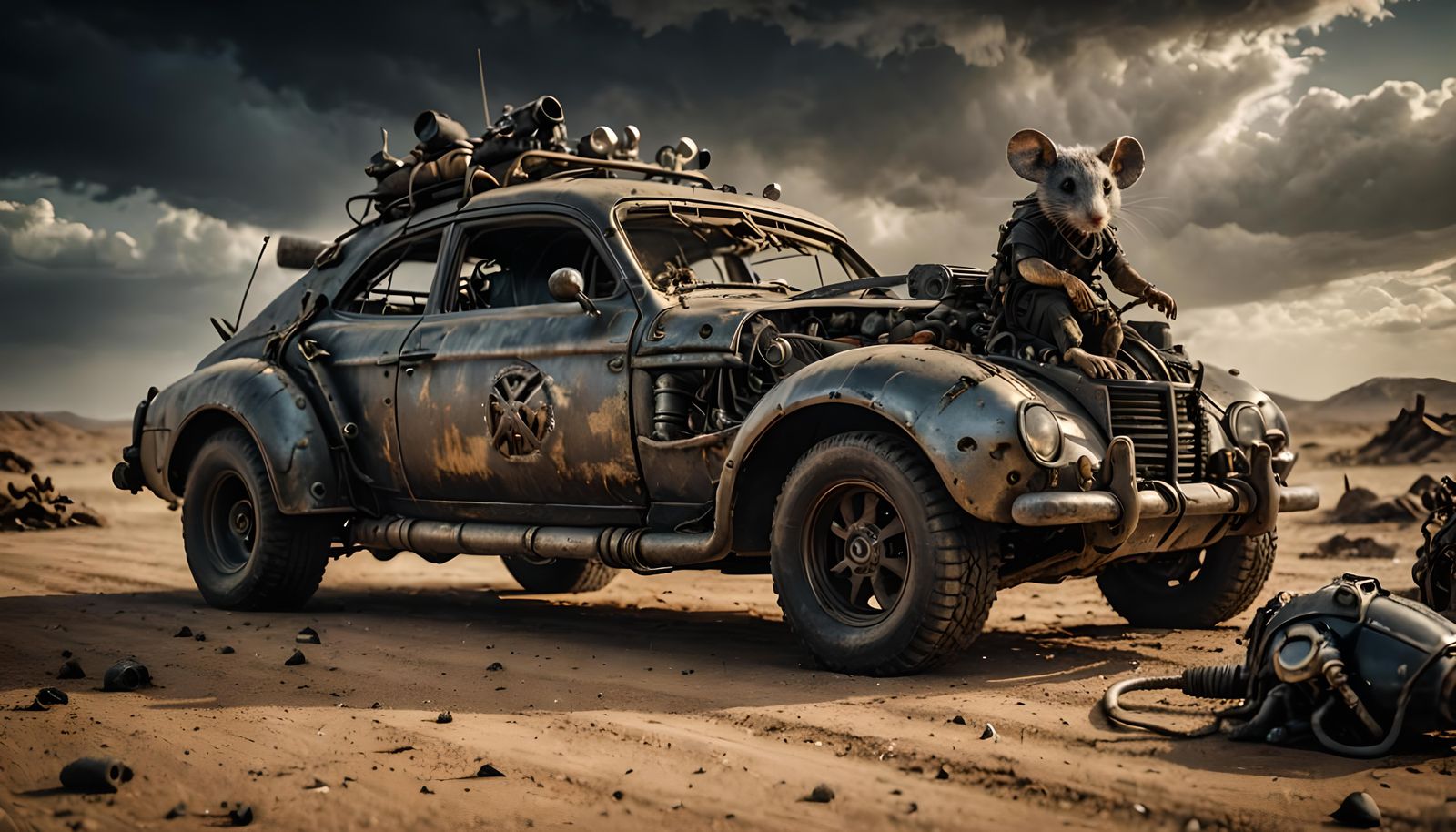 Hyperrealistic Mad Max Mouse in a Wasteland