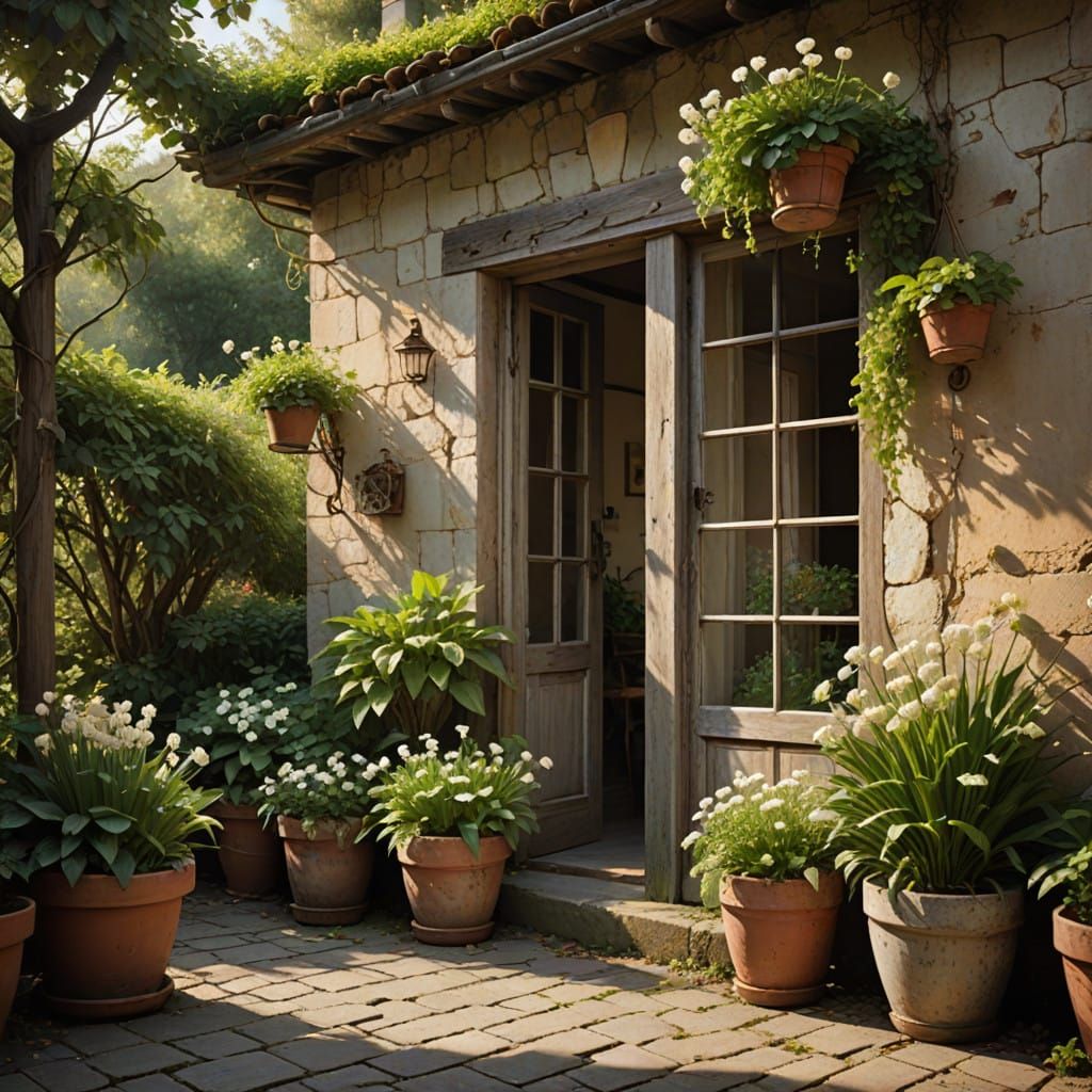 French Country Patio at Dawn, Captured in Warm Golden Light