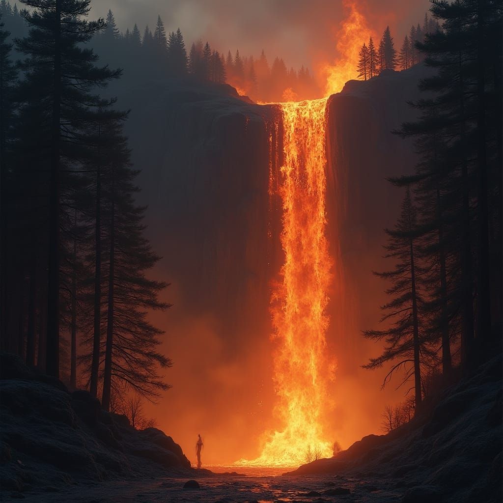 Gigantic Fire Waterfall Over Dark Pine Forest Matte Painting