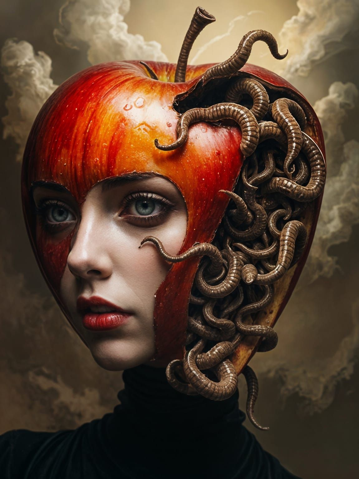 Surreal Portrait: Woman, Apple, and Worms