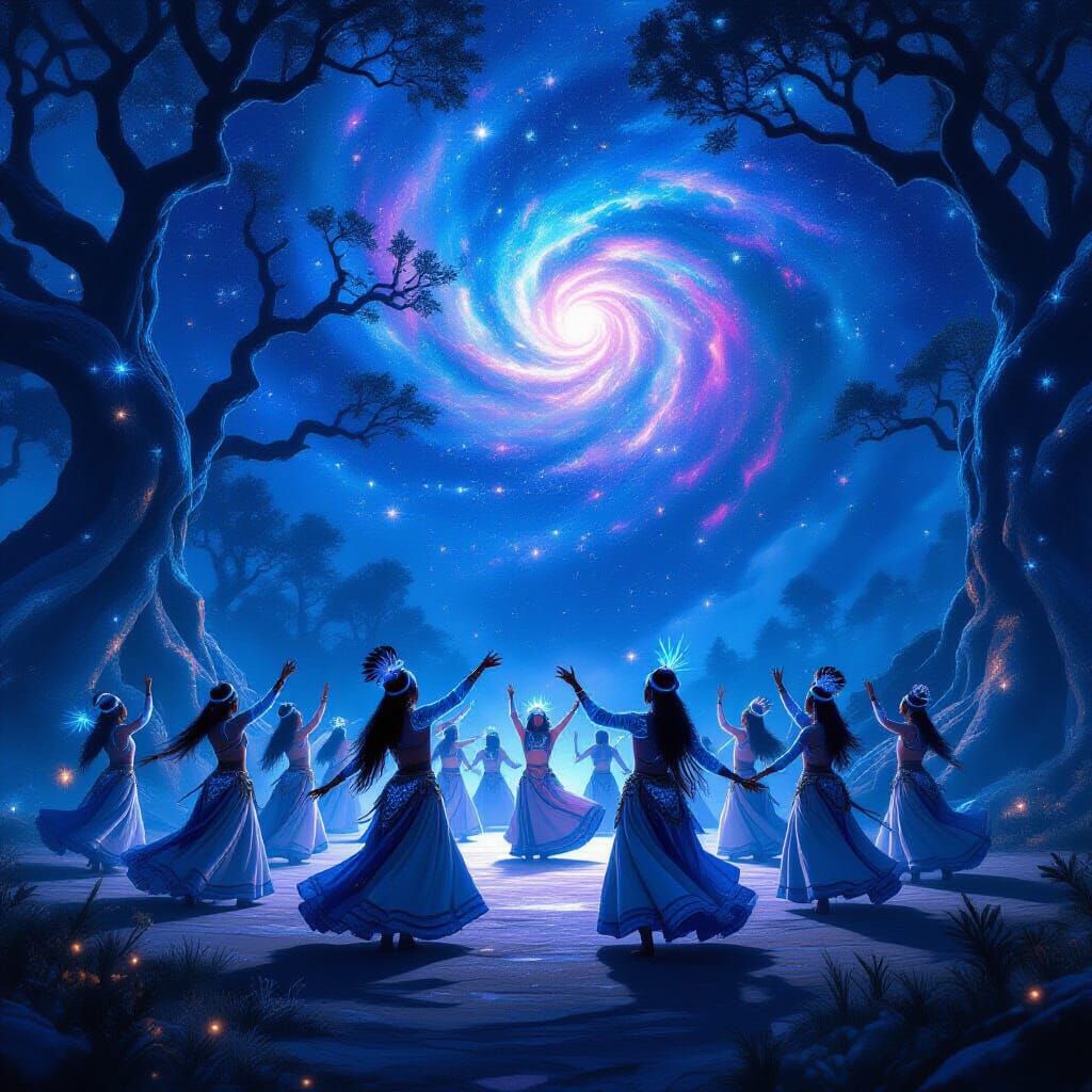 Bioluminescent Dancers Under Galaxy Sky