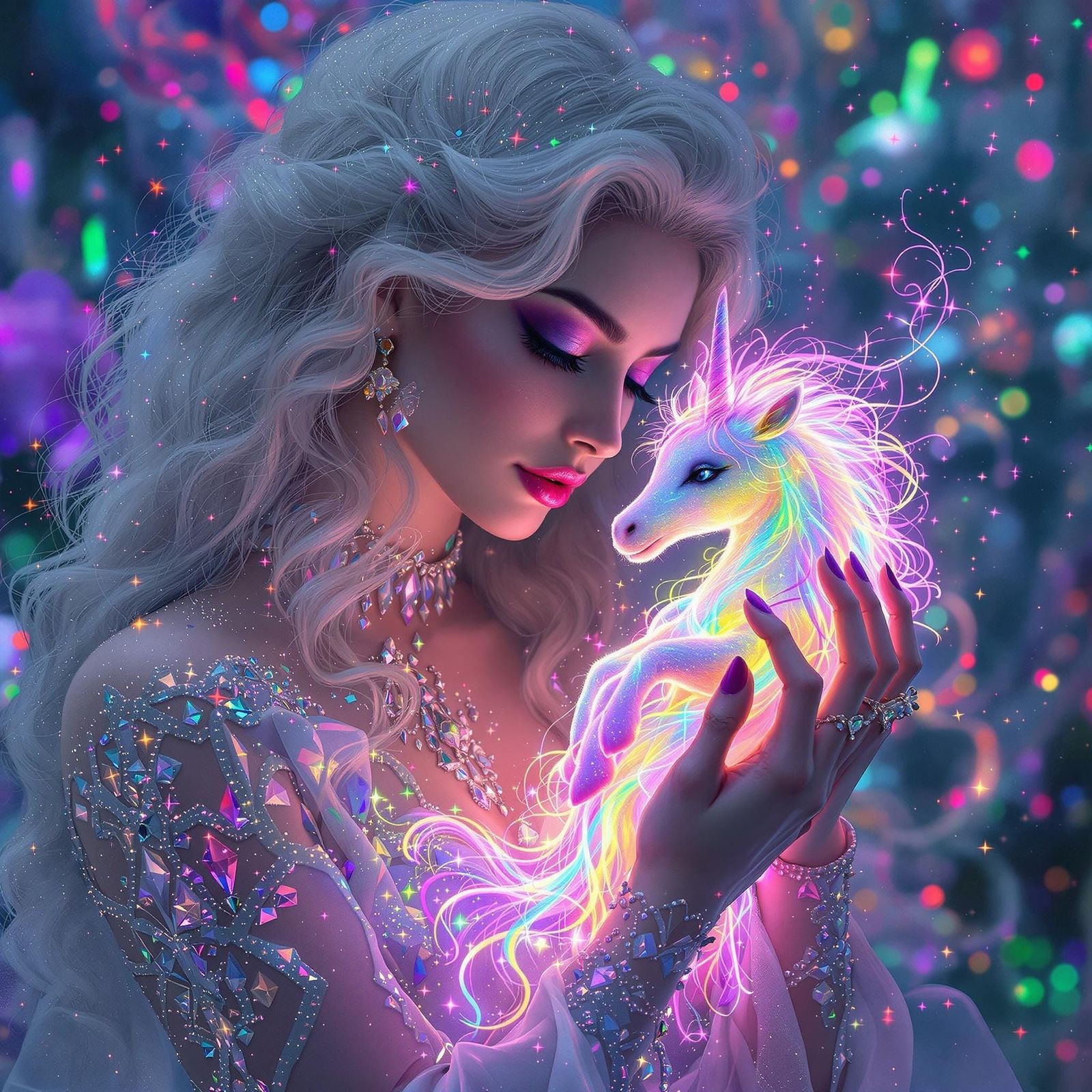 Glamorous Goddess with Unicorn in Whimsical, Surrealist Art ...