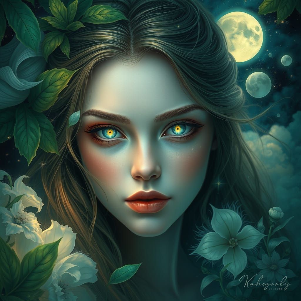 A surreal portrait of a beautiful woman with an ethereal gaze, surrounded by lush, vibrant foliage in moonlight.