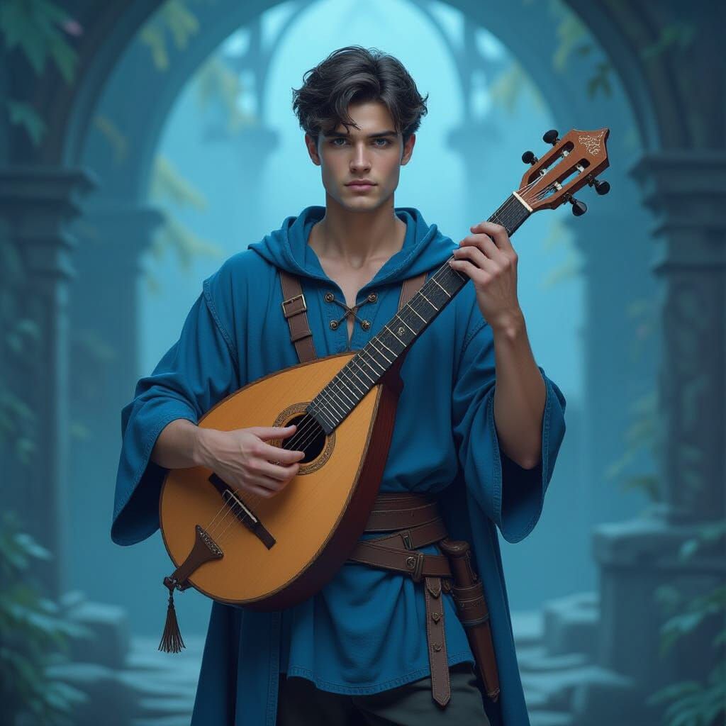 Young Wizard with Lute in Atmospheric Landscape