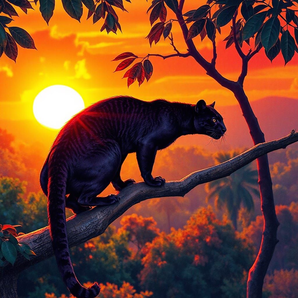 Purple Panther in Jungle Sunset Watercolor