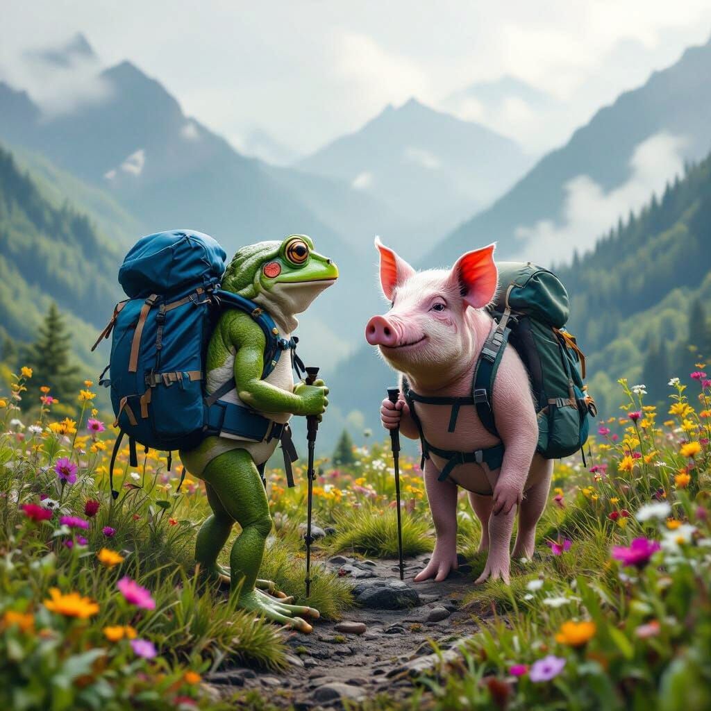 Frog and Pig Hiking in Misty Mountains, Hyperrealistic Style