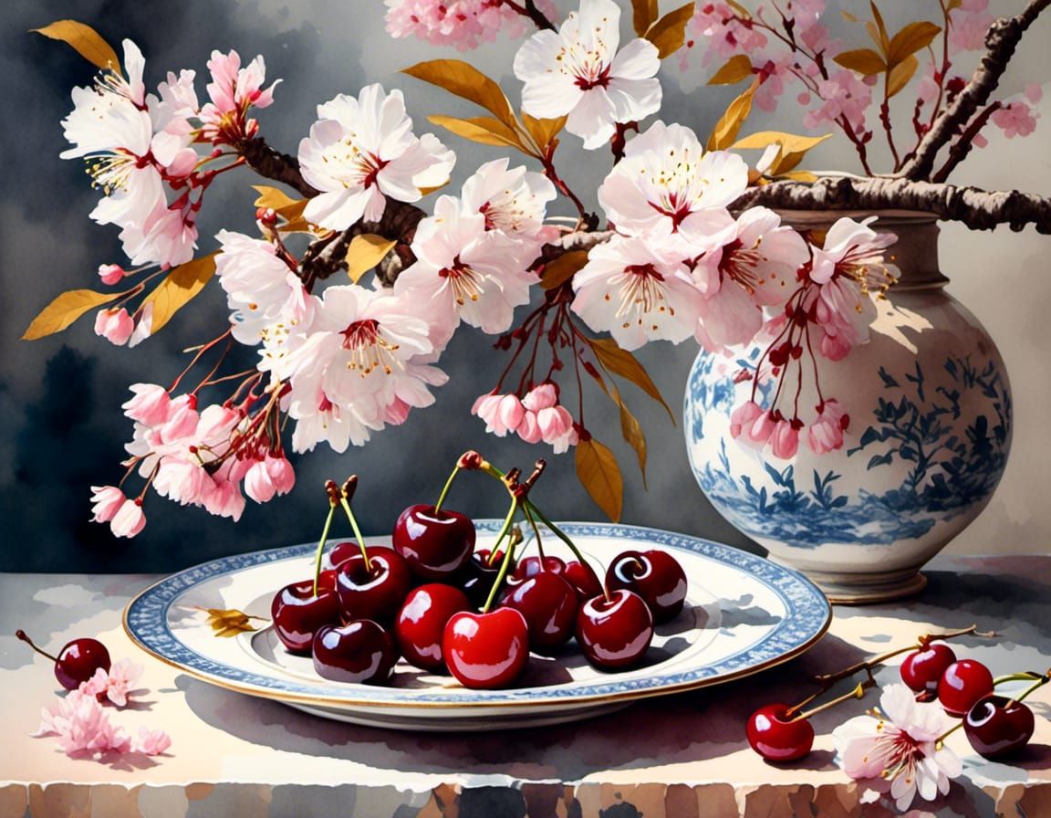 Cherries and Blossoms in Antique Watercolor Style