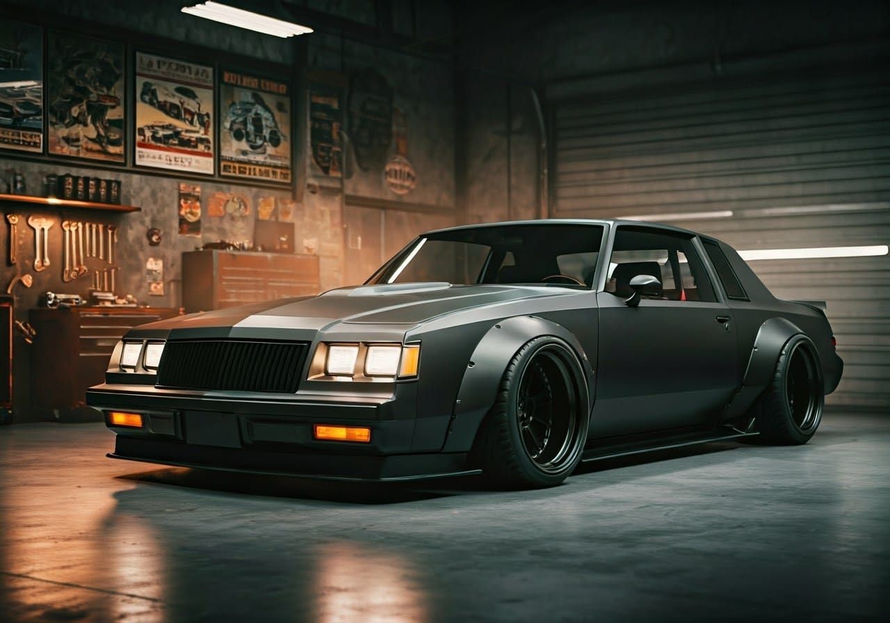Matte Black Buick GNX Widebody in Retro Garage