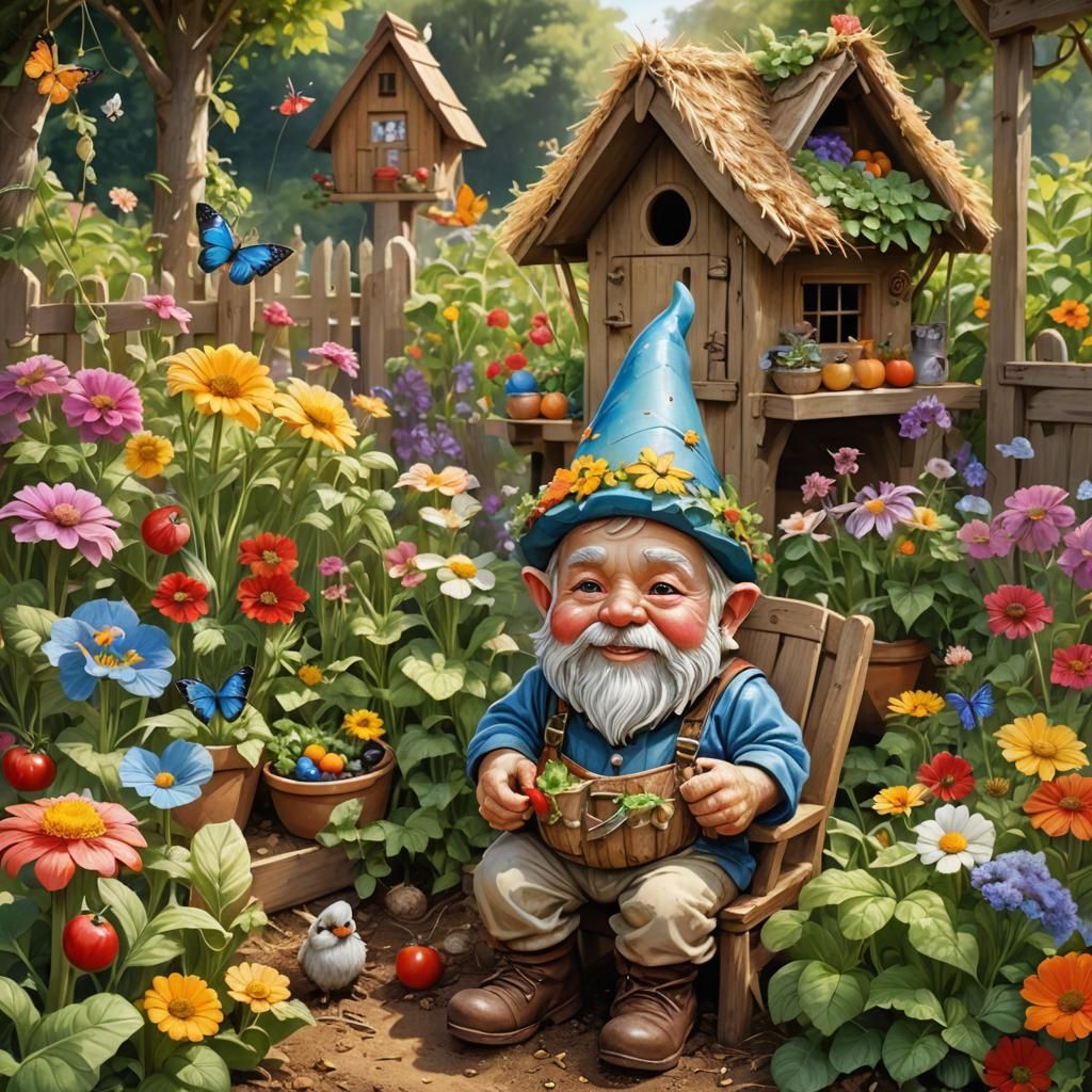 Charming Chibi Gnome in Vibrant Garden Wonderland