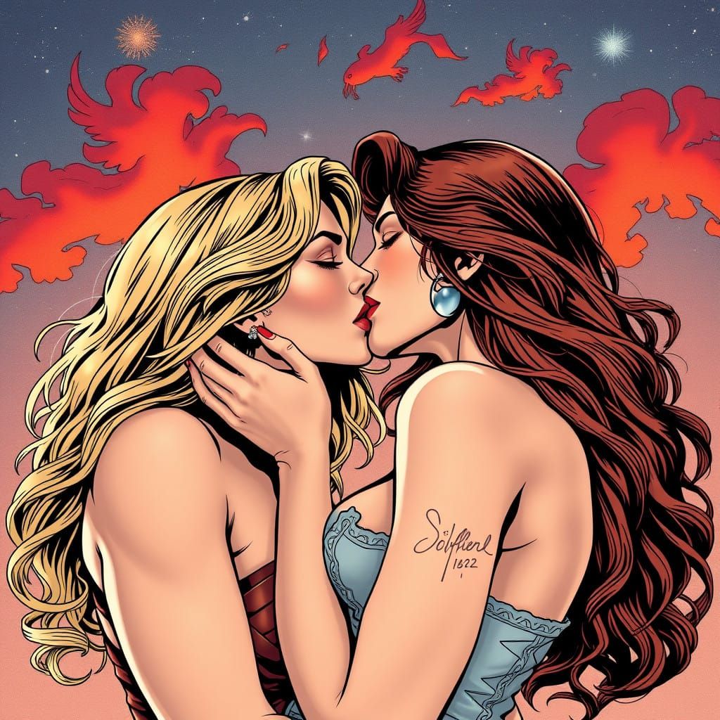 Romantic Moment: Two Women Sharing a Tender Kiss in a Perfec...