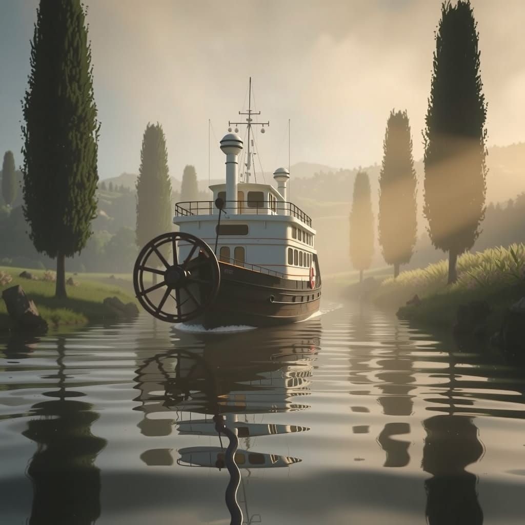 Vintage Riverboat Glides Across Misty Creek