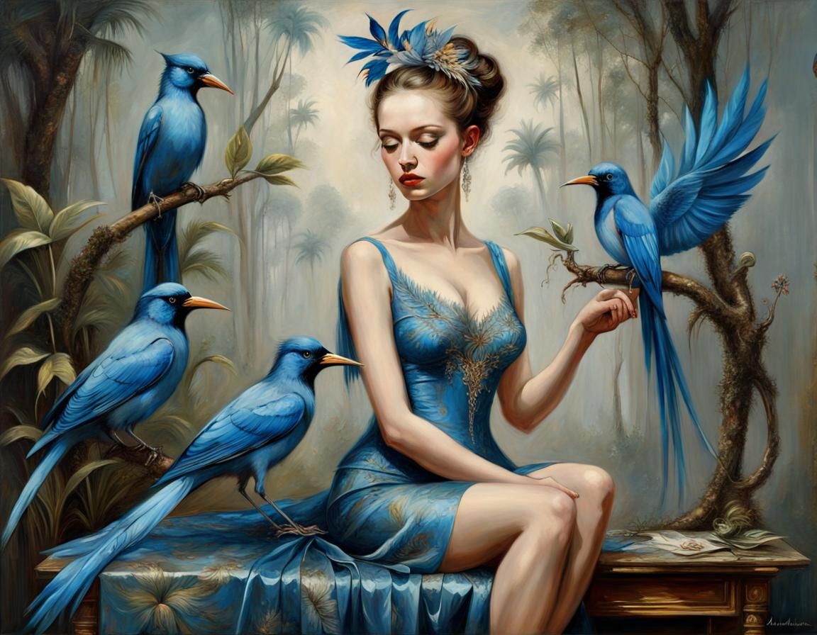Blue Birds of Paradise Oil Painting
