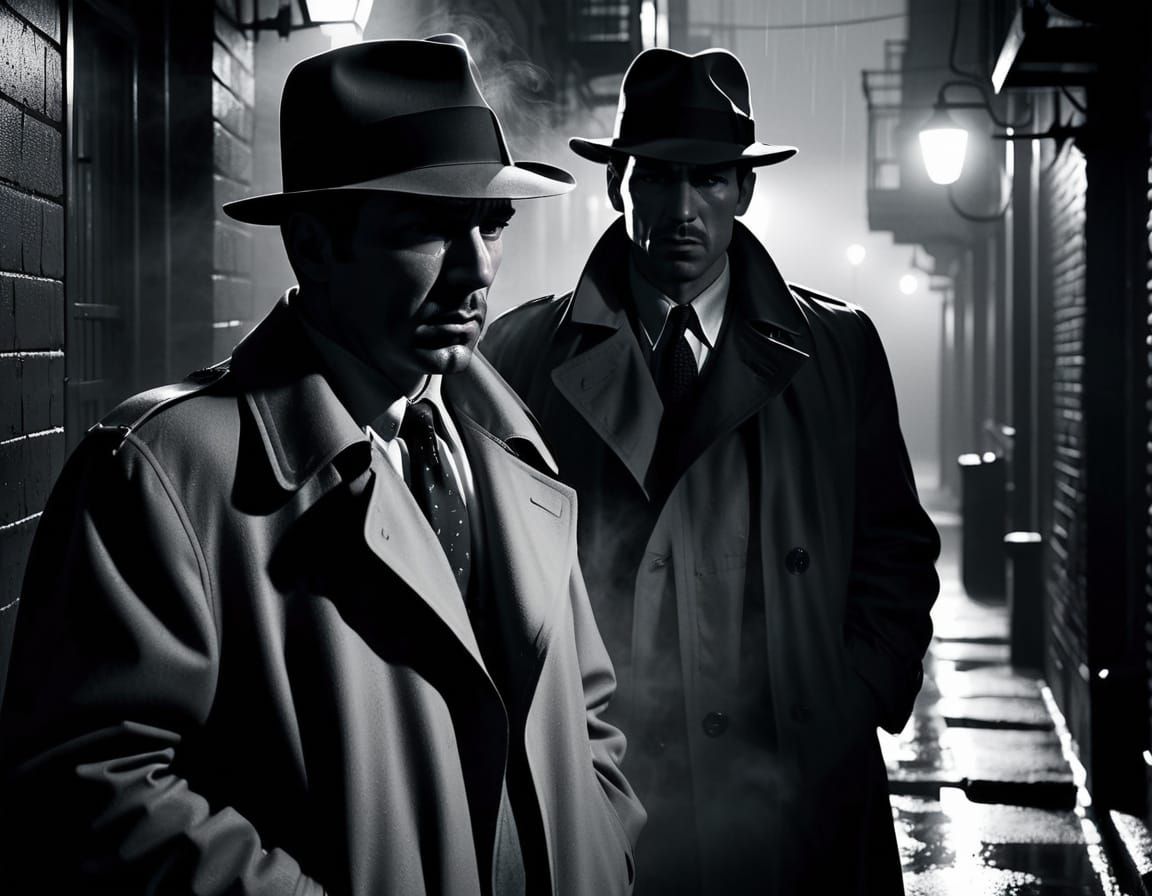 Film Noir Detective Confrontation in Dark Alley