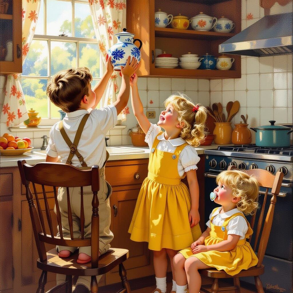 Boy Reaches for Marmalade in 1920s Farmhouse Kitchen Oil Pai...