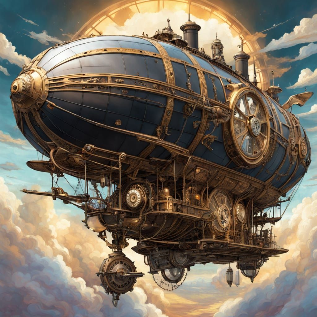 Steampunk Bear Airship Soaring Through Cloudy Skies