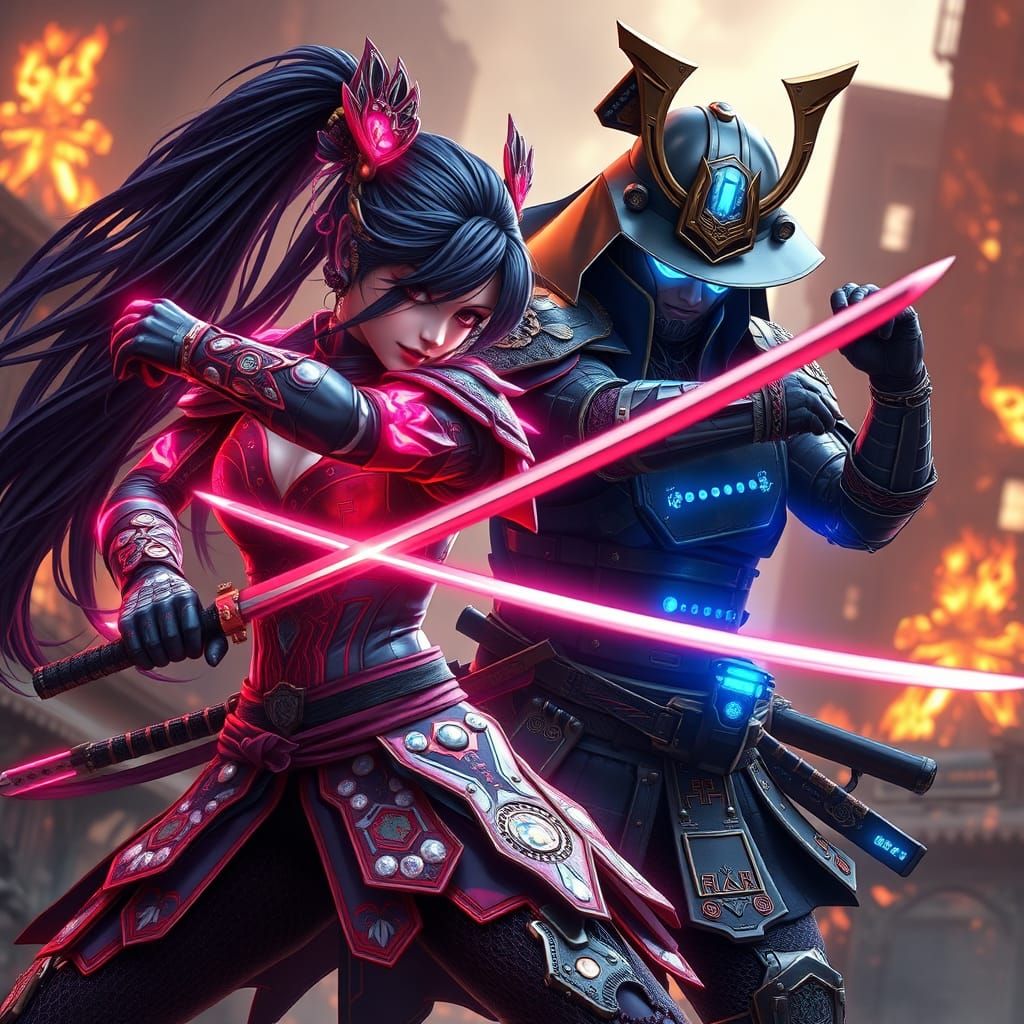 Hyper-Realistic Battle Between Futuristic Samurai Warriors i...