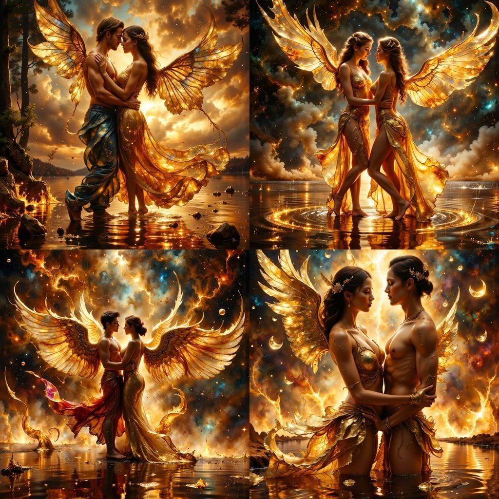 Ethereal Lovers Dance Amidst Fiery Background