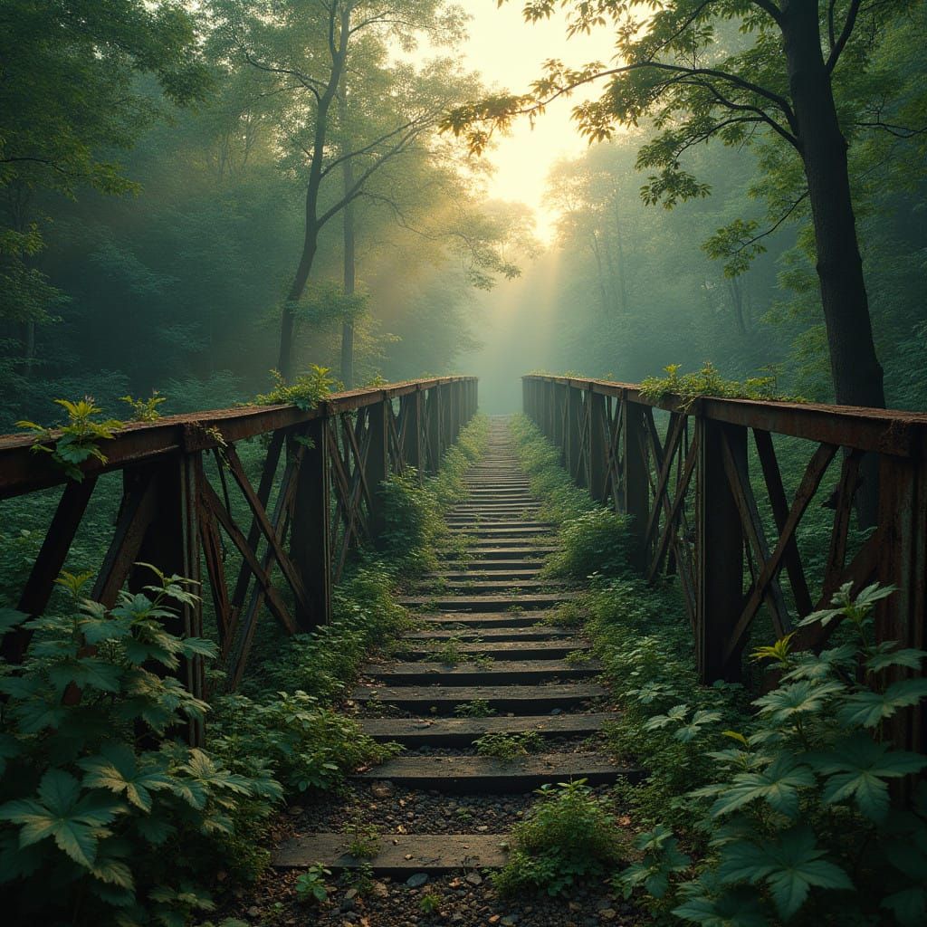 Abandoned Metal Bridge Lost in a Mystery Forest