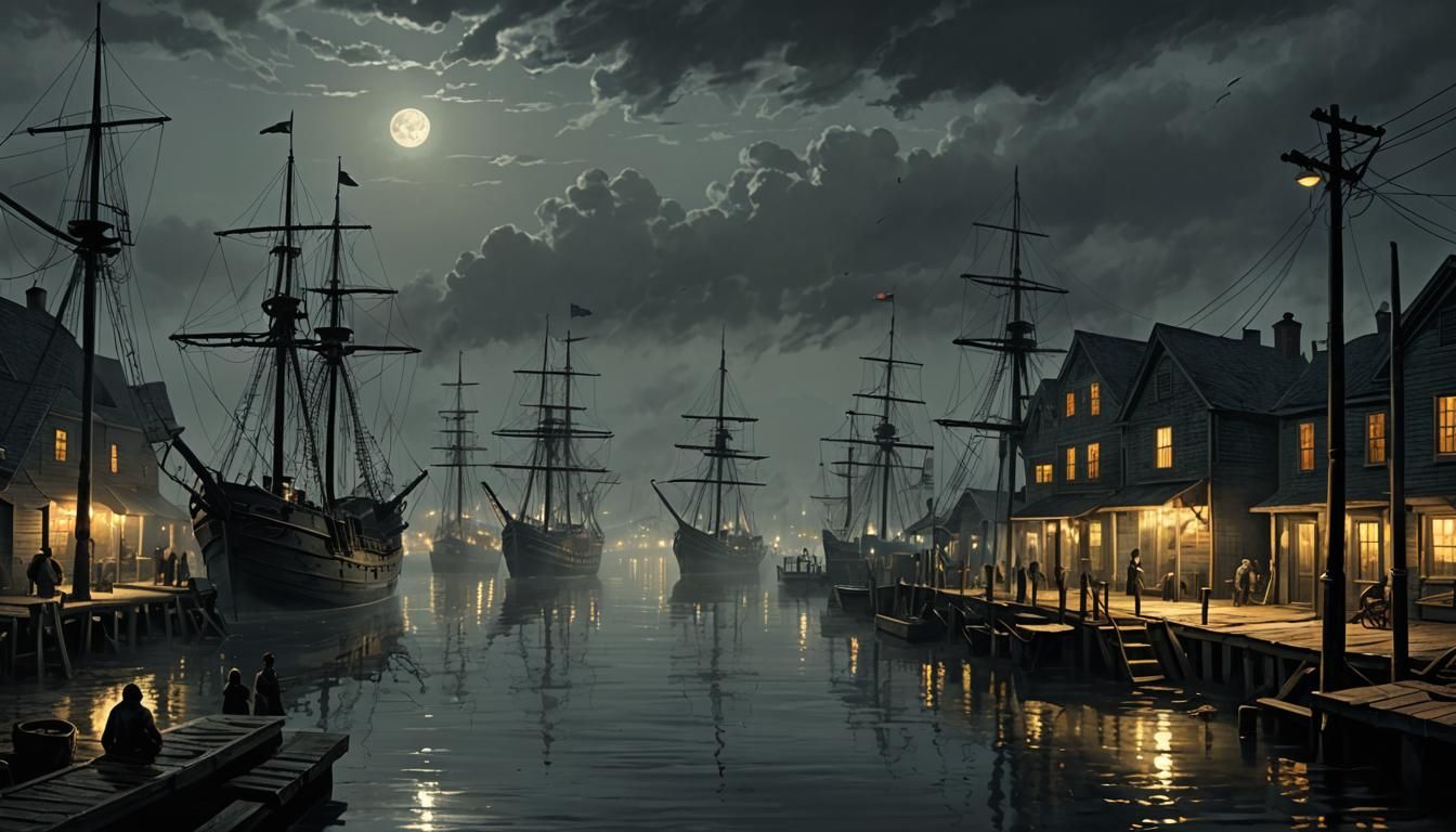 Eerie 1920s Harbor Town at Night in Doré Style
