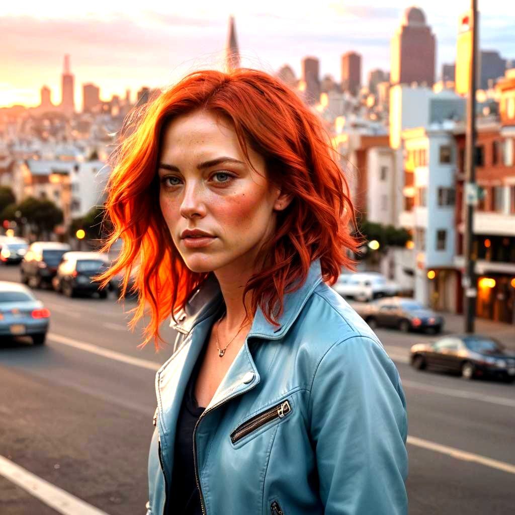 Woman with Red Hair in San Francisco at Sunset