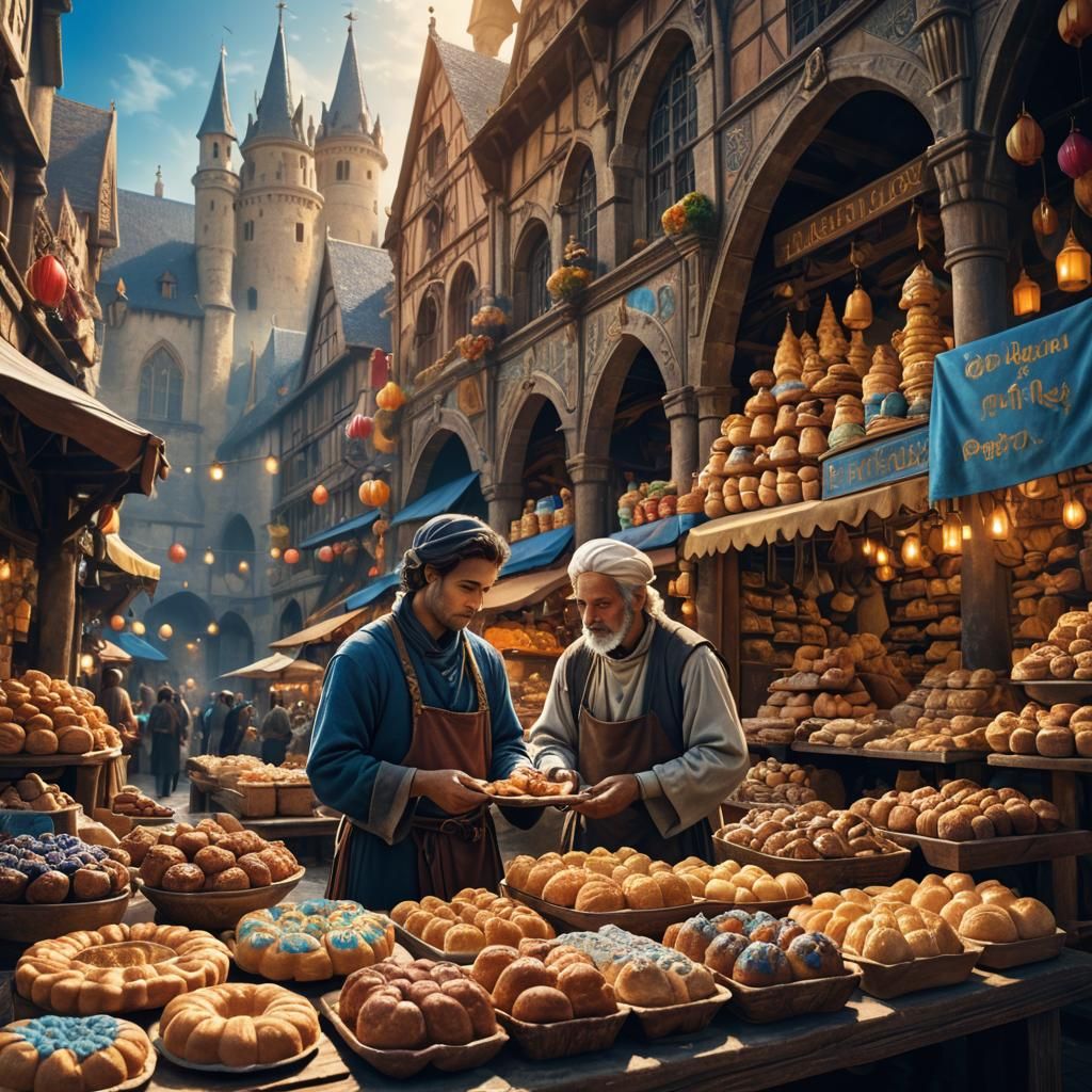 Medieval Pastry Vendor in Bustling Fantasy Market