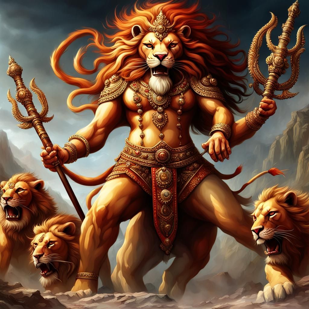 Durga's Ten-Armed Lion: Detailed Matte Painting