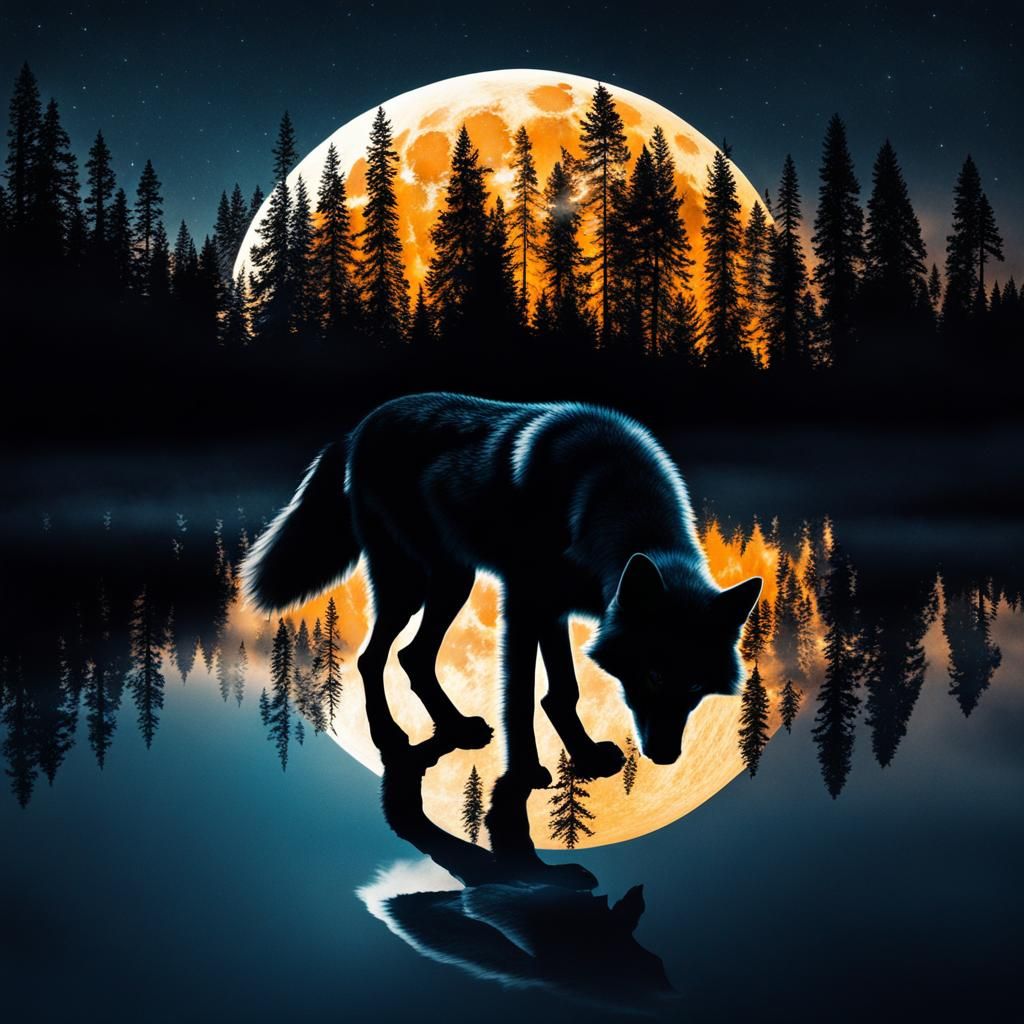Wolf Silhouette Double Exposure with Moonlit Landscape