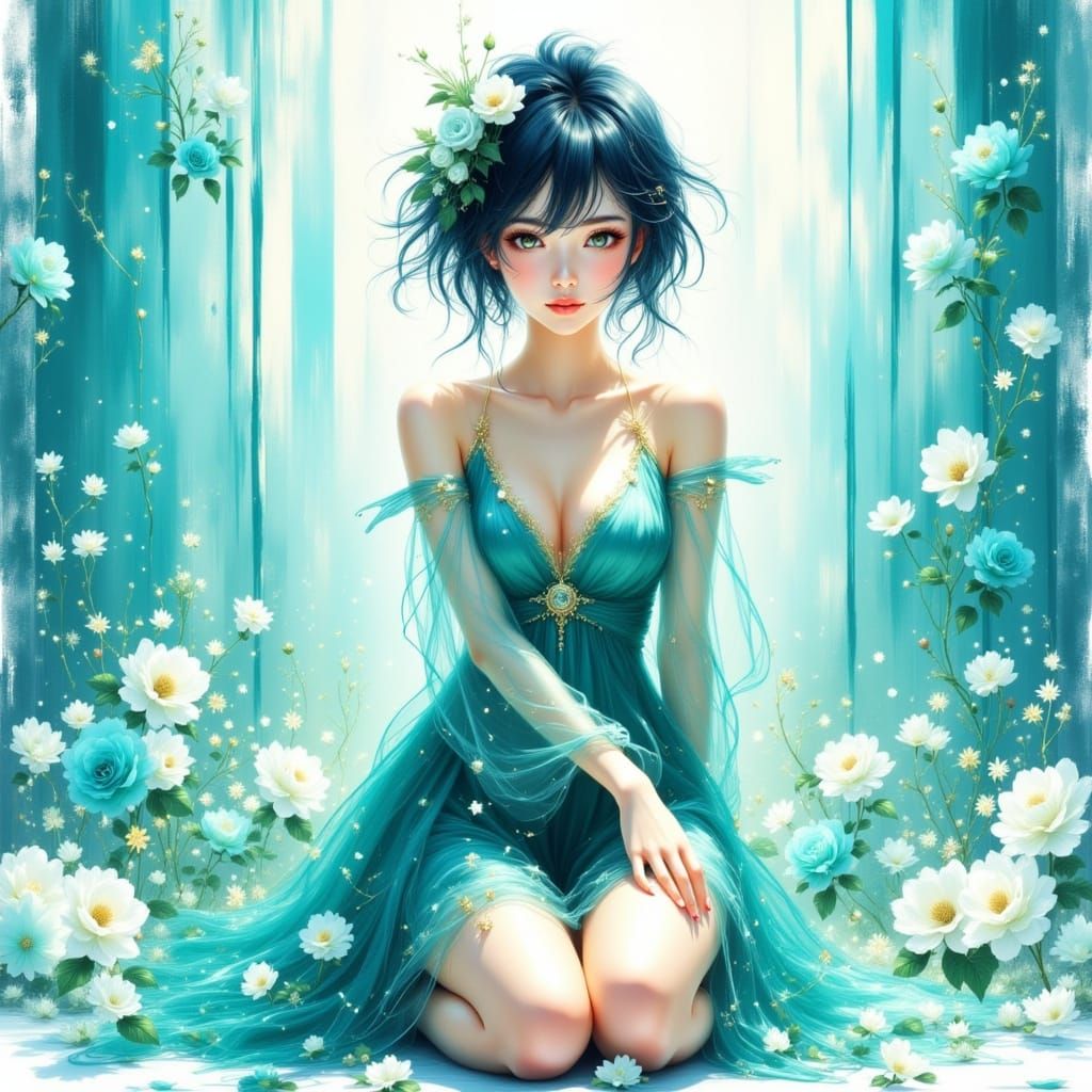 Anime Woman in Dreamy Turquoise Landscape