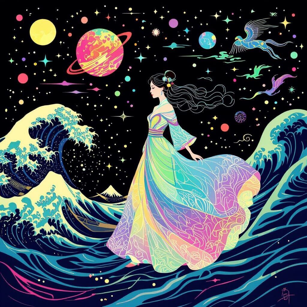 Bioluminescent Woman Glides Through a Neon Universe