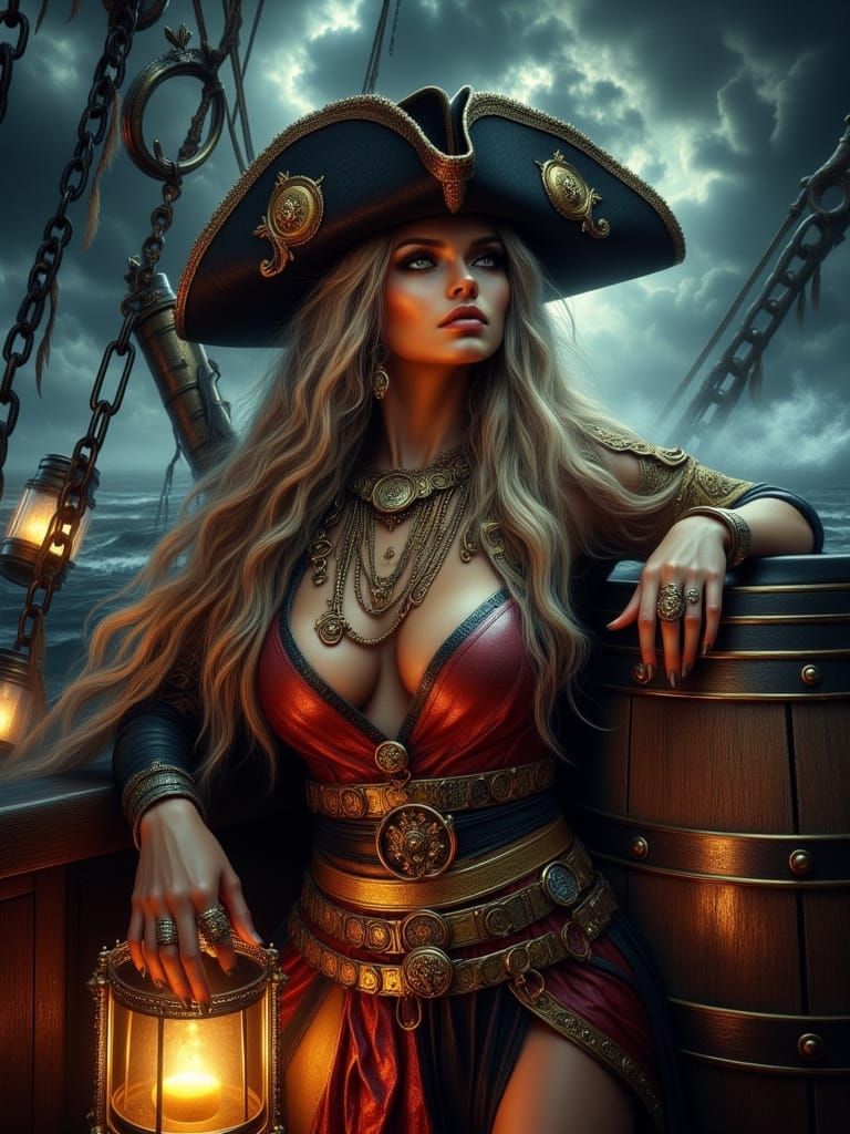 Fierce Pirate Woman on Stormy Ship Deck