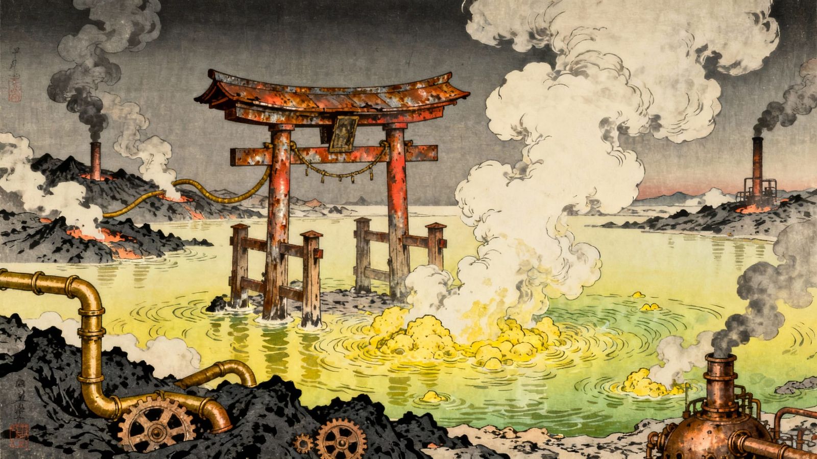 Steampunk Shinto Shrine in Sulfur Geyser Hell
