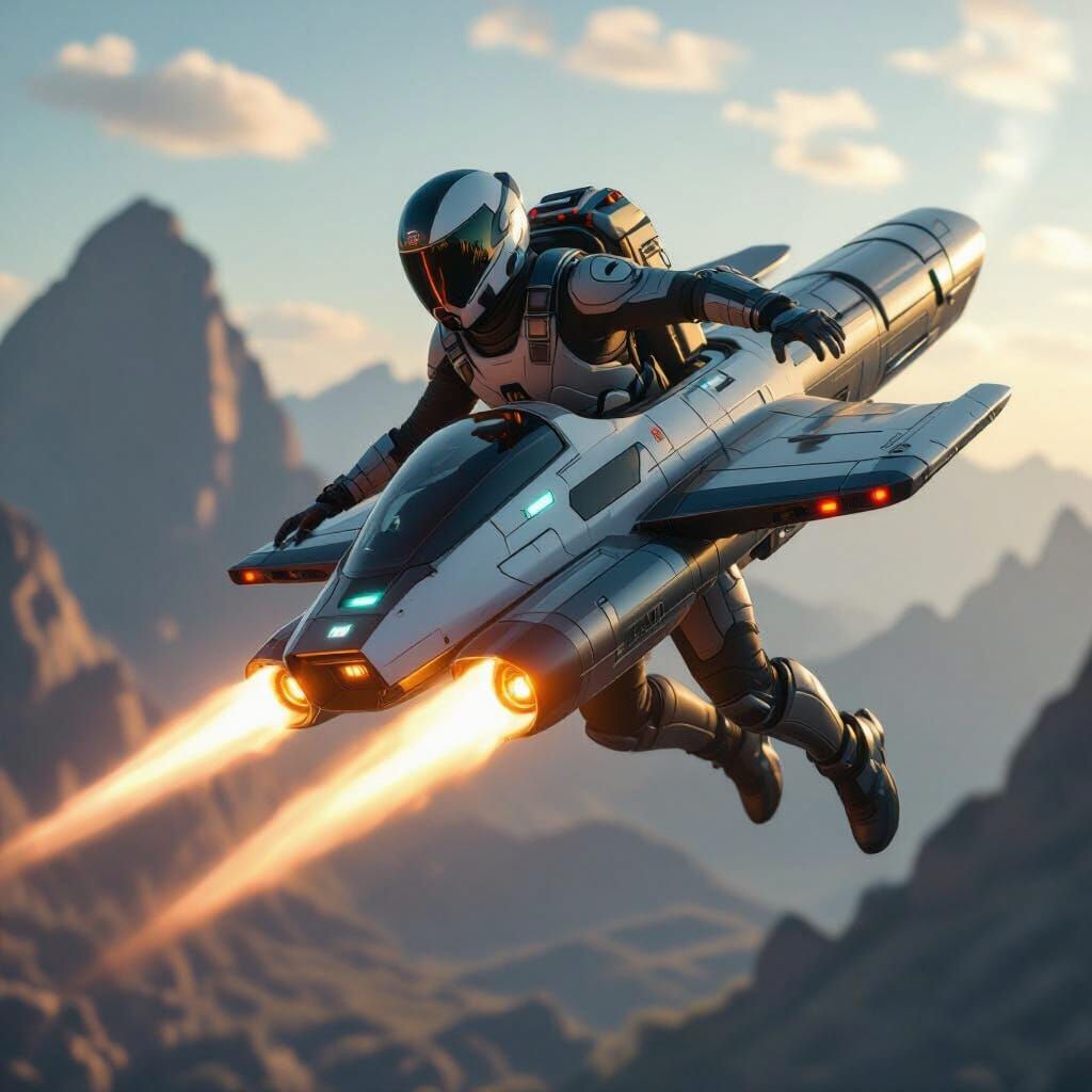 Futuristic Javelin Athlete Soaring with Jetpack in 3D
