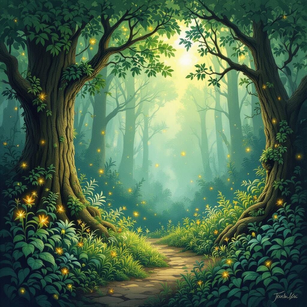 Whimsical Forest with Fireflies in Fantasy Art Style